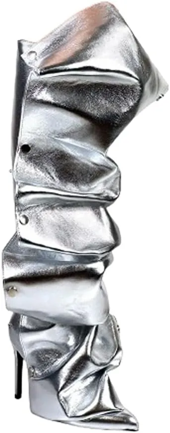 Liliana Women's Pointed Toe Stiletto High Heels Pleated Button Detachable Fold Over Slouchy Fashion Boots (RUNS SMALL)