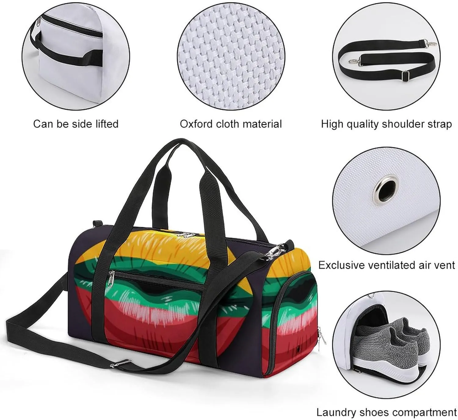 Lithuania Flag Lips Sports Duffel Bag with Waterproof Shoe Compartment for Gym and Travel