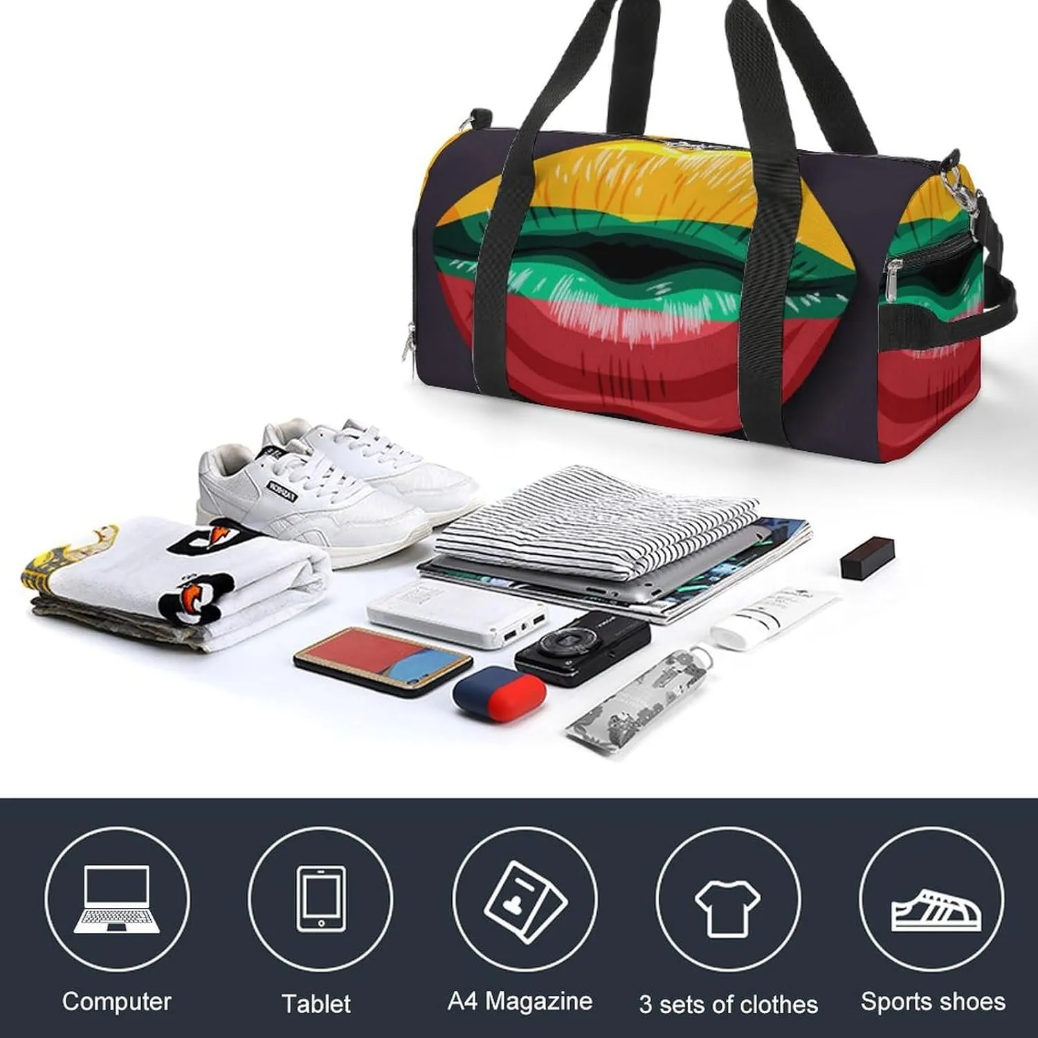Lithuania Flag Lips Sports Duffel Bag with Waterproof Shoe Compartment for Gym and Travel