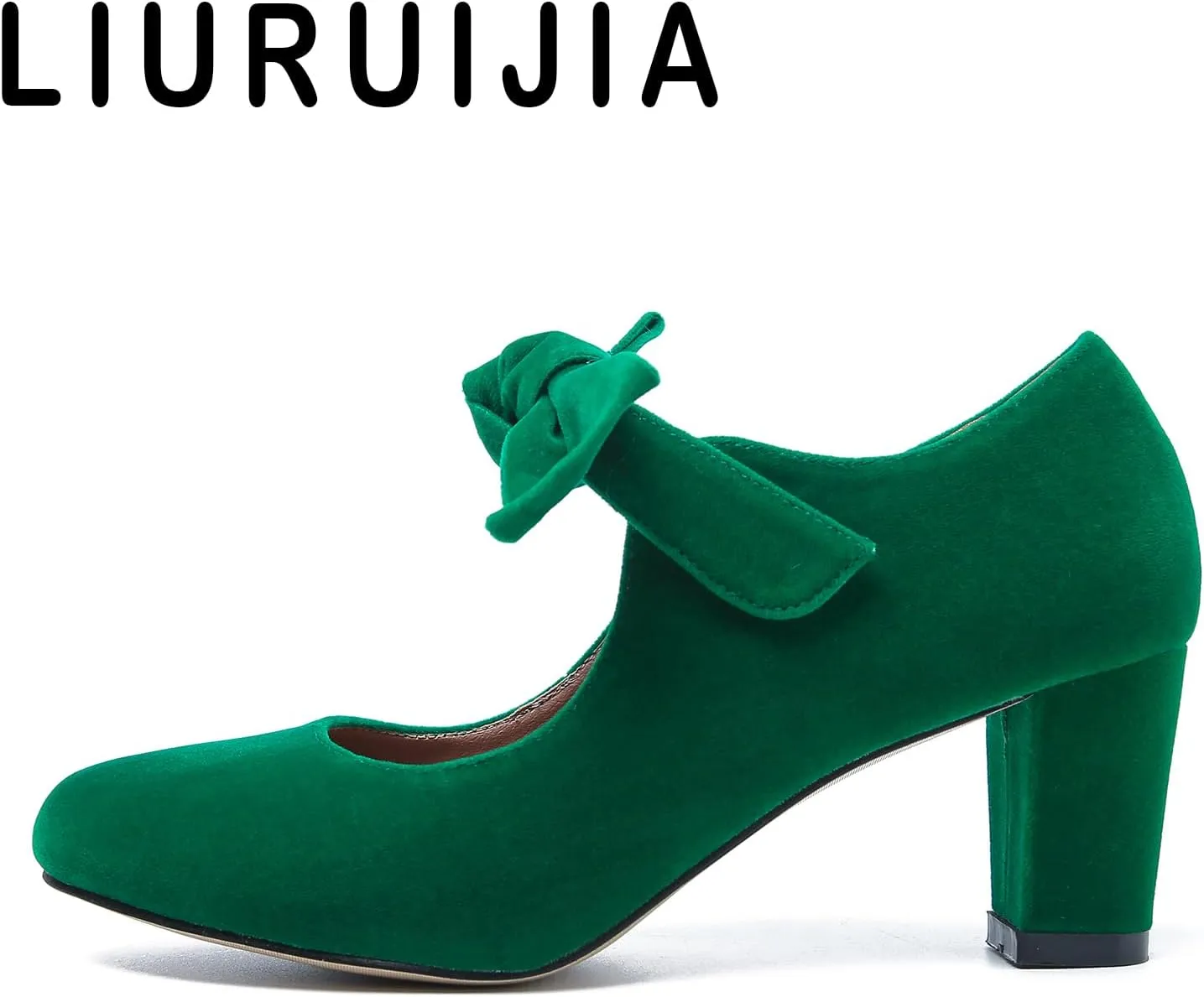 LIURUIJIA Women's Bow Mary Jane Low Block Heel Pumps Round Toe Ankle Strap Wedding Evening Party Dress Shoes