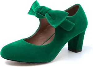 LIURUIJIA Women's Bow Mary Jane Low Block Heel Pumps Round Toe Ankle Strap Wedding Evening Party Dress Shoes