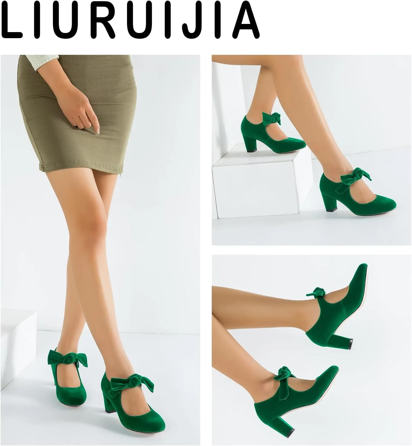 LIURUIJIA Women's Bow Mary Jane Low Block Heel Pumps Round Toe Ankle Strap Wedding Evening Party Dress Shoes
