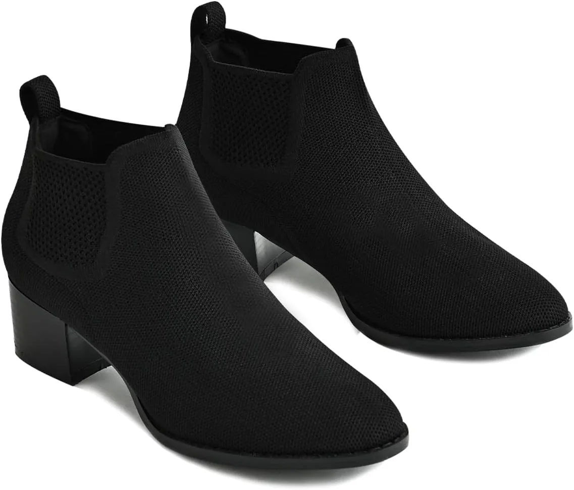 Low Heel Ankle Boots for Women Chunky Heel Knit Sock Chelsea Boots Slip On Stretchy Comfortable Short Boots Fashion Black Brown Heeled Booties Dress Shoes for Fall & Winter