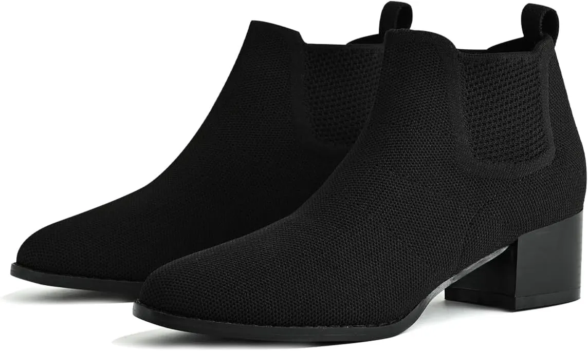 Low Heel Ankle Boots for Women Chunky Heel Knit Sock Chelsea Boots Slip On Stretchy Comfortable Short Boots Fashion Black Brown Heeled Booties Dress Shoes for Fall & Winter