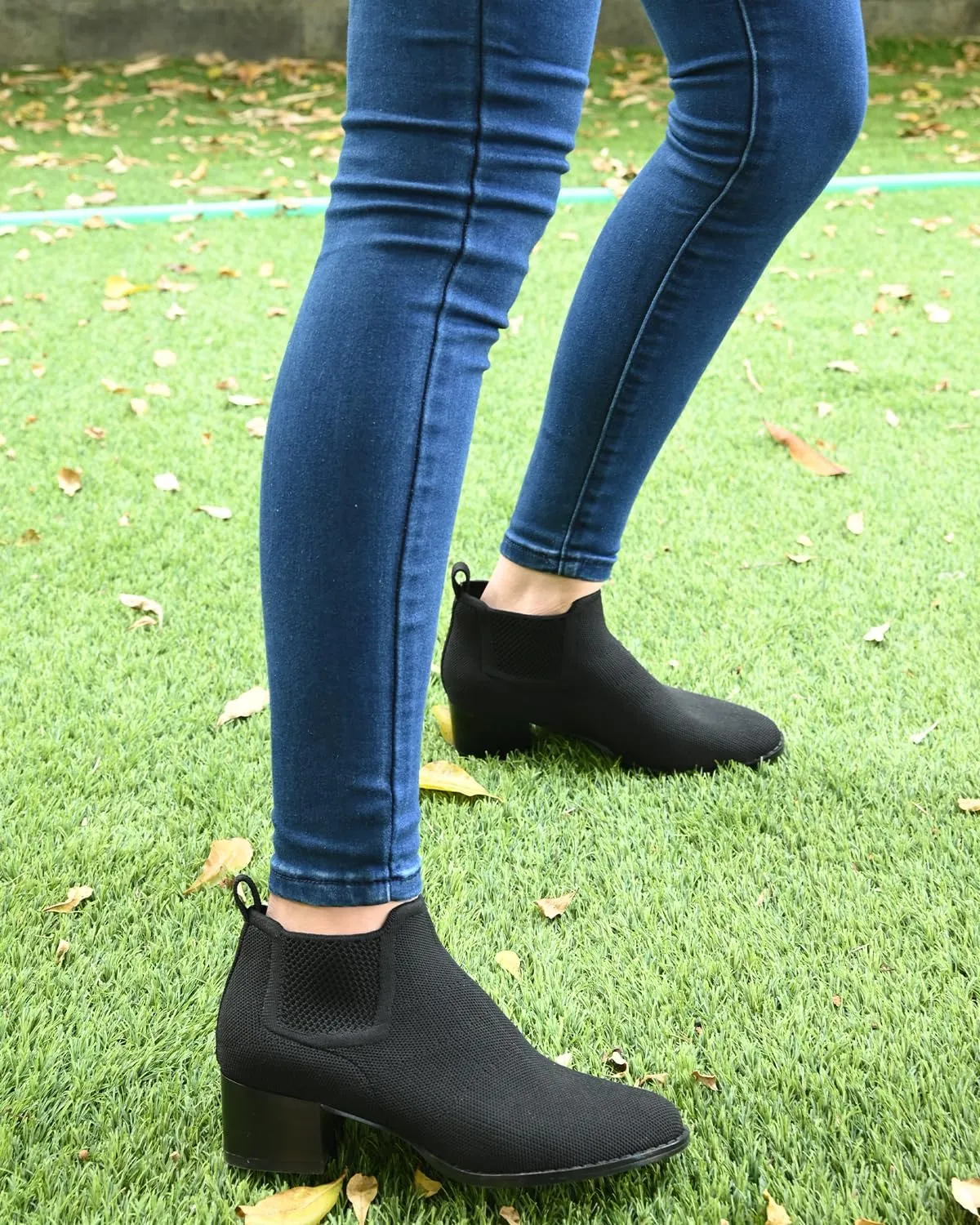 Low Heel Ankle Boots for Women Chunky Heel Knit Sock Chelsea Boots Slip On Stretchy Comfortable Short Boots Fashion Black Brown Heeled Booties Dress Shoes for Fall & Winter