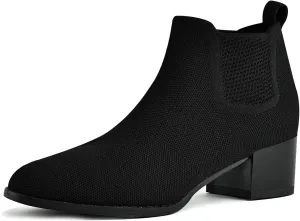 Low Heel Ankle Boots for Women Chunky Heel Knit Sock Chelsea Boots Slip On Stretchy Comfortable Short Boots Fashion Black Brown Heeled Booties Dress Shoes for Fall & Winter