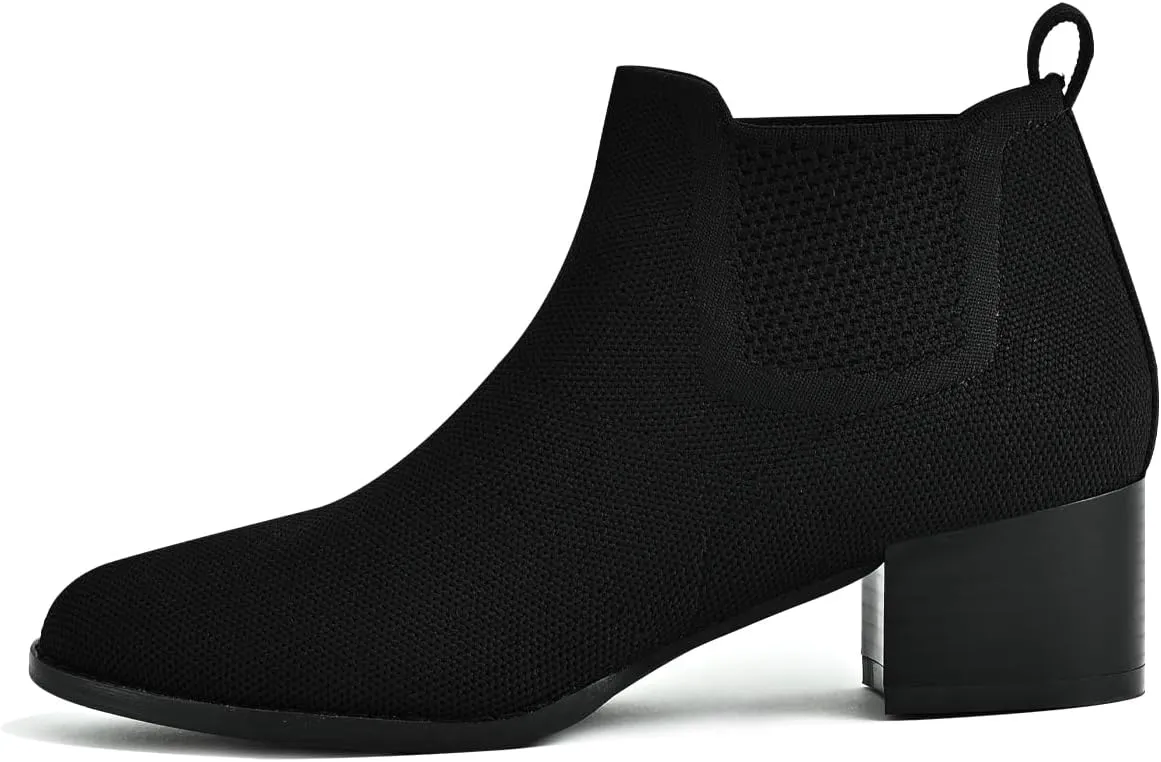Low Heel Ankle Boots for Women Chunky Heel Knit Sock Chelsea Boots Slip On Stretchy Comfortable Short Boots Fashion Black Brown Heeled Booties Dress Shoes for Fall & Winter