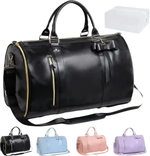 Luux Travel Bag for Women, Luux Bags Official, Luux Bags Travel Duffel Bag,2 In 1 Foldable Waterproof Large Capacity Pu Leather Duffel Bag with Toiletry Pocket and Shoes Compartment (Black)