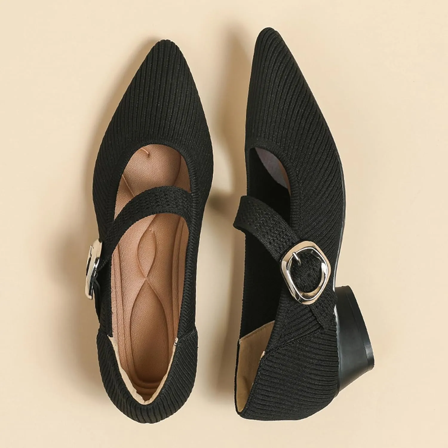 Mary Jane Heels for Women Pumps Shoes Chunky Heel Pointed Toe Low Heel Mesh Comfort Work Dress Shoes