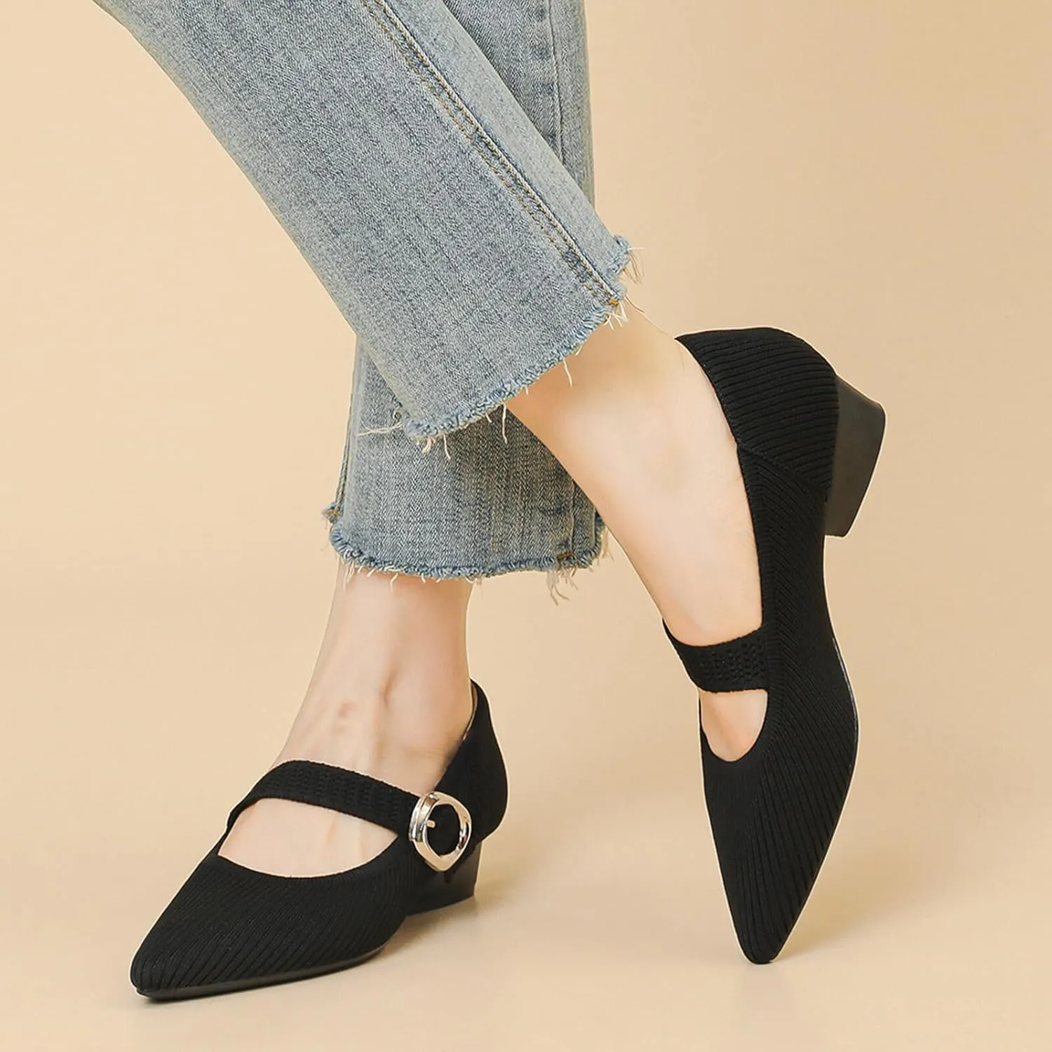 Mary Jane Heels for Women Pumps Shoes Chunky Heel Pointed Toe Low Heel Mesh Comfort Work Dress Shoes