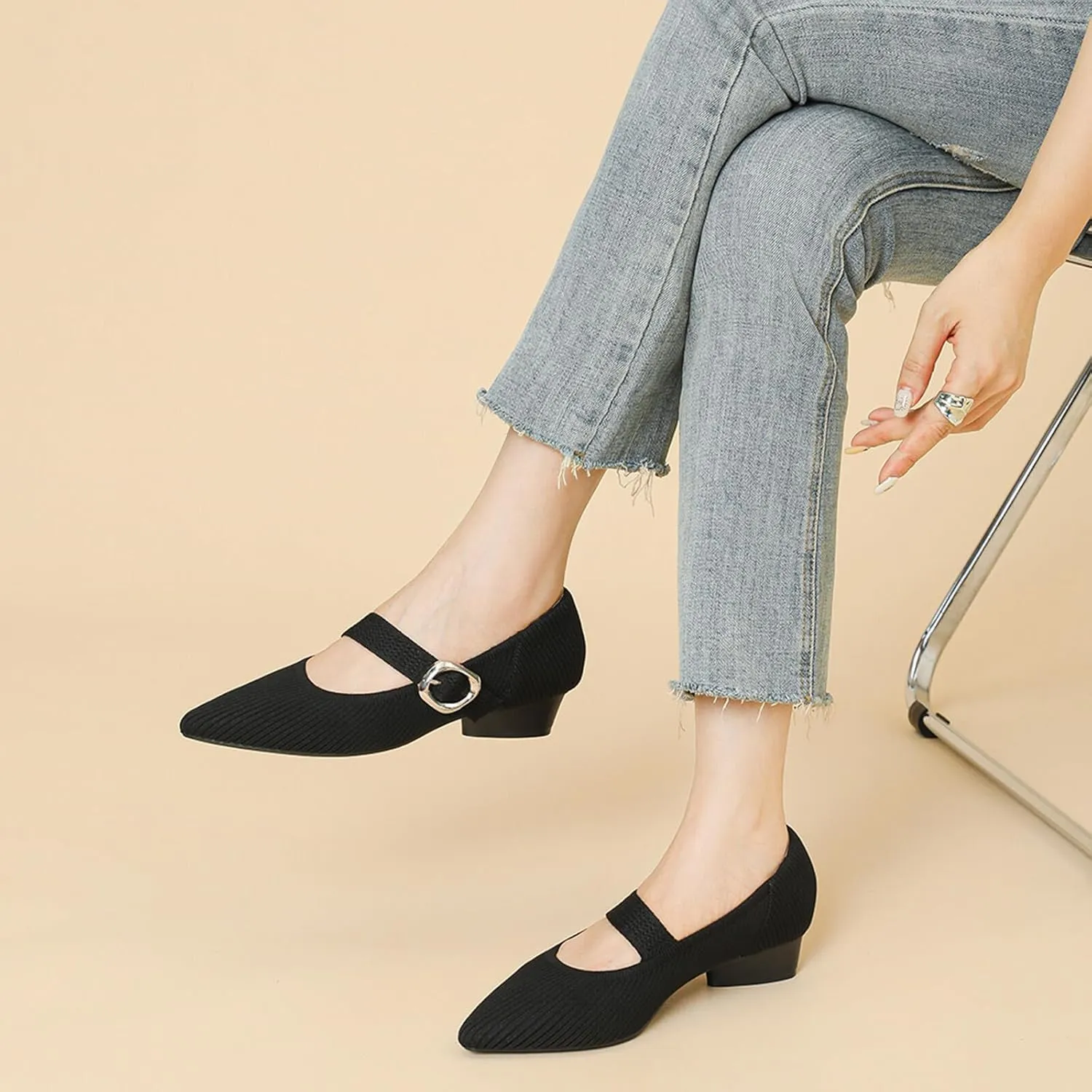 Mary Jane Heels for Women Pumps Shoes Chunky Heel Pointed Toe Low Heel Mesh Comfort Work Dress Shoes