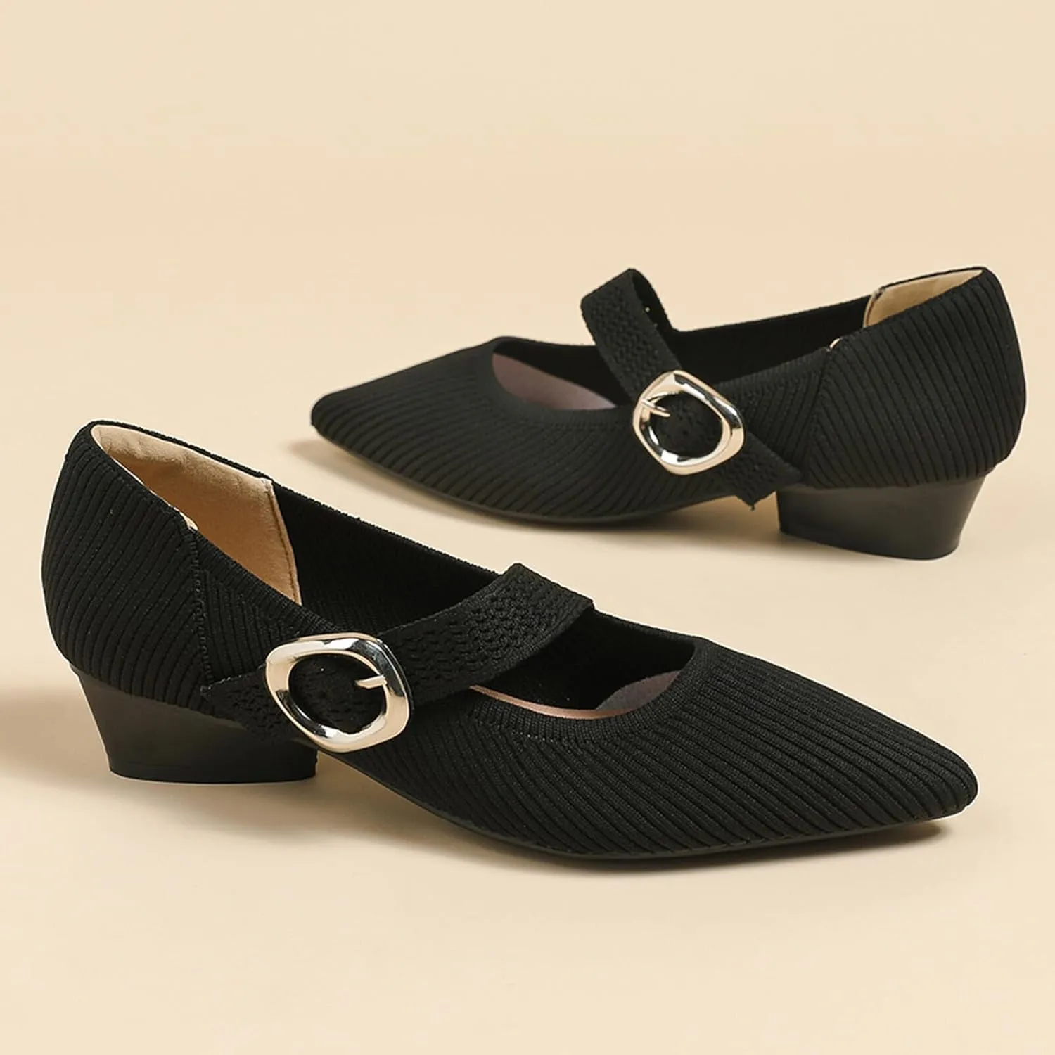 Mary Jane Heels for Women Pumps Shoes Chunky Heel Pointed Toe Low Heel Mesh Comfort Work Dress Shoes
