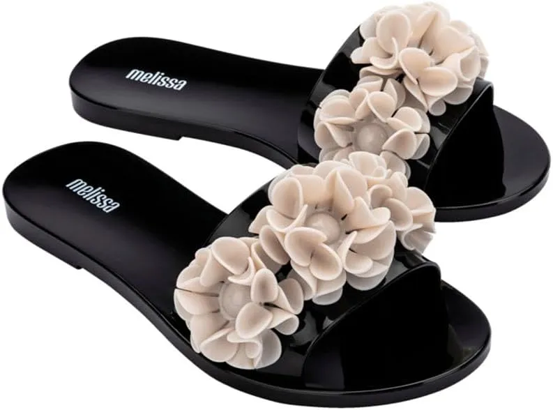 Melissa Babe Springtime Slides for Women - Feminine & Trendy Jelly Slides with Flower Applique, Dressy Summer Sandals for Women, Adult Jellies, Women's Jelly Shoes, Slip On Sandals