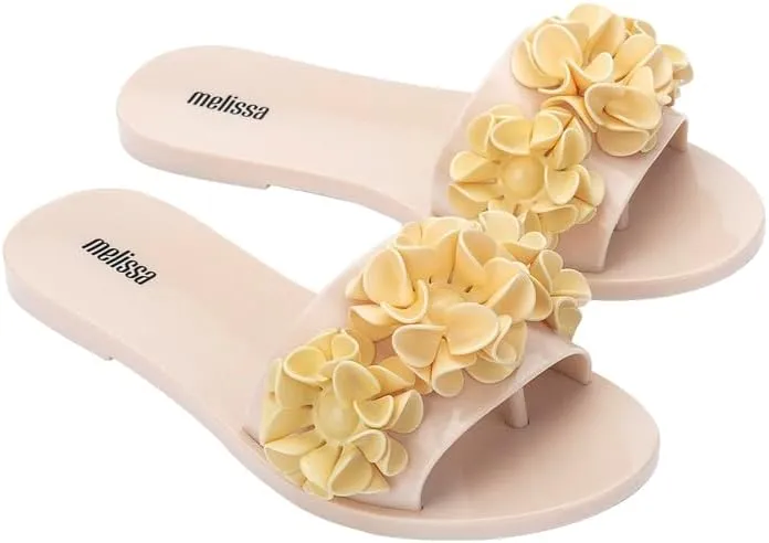 Melissa Babe Springtime Slides for Women - Feminine & Trendy Jelly Slides with Flower Applique, Dressy Summer Sandals for Women, Adult Jellies, Women's Jelly Shoes, Slip On Sandals