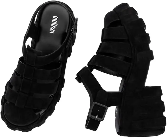 Melissa Megan Velvet Platform Jelly Heels for Women - The Iconic Original 90’s Jelly Shoe, Fisherman's Sandal with Chunky, Platform Lug-Sole Heel and Adjustable Strap and Side Buckle