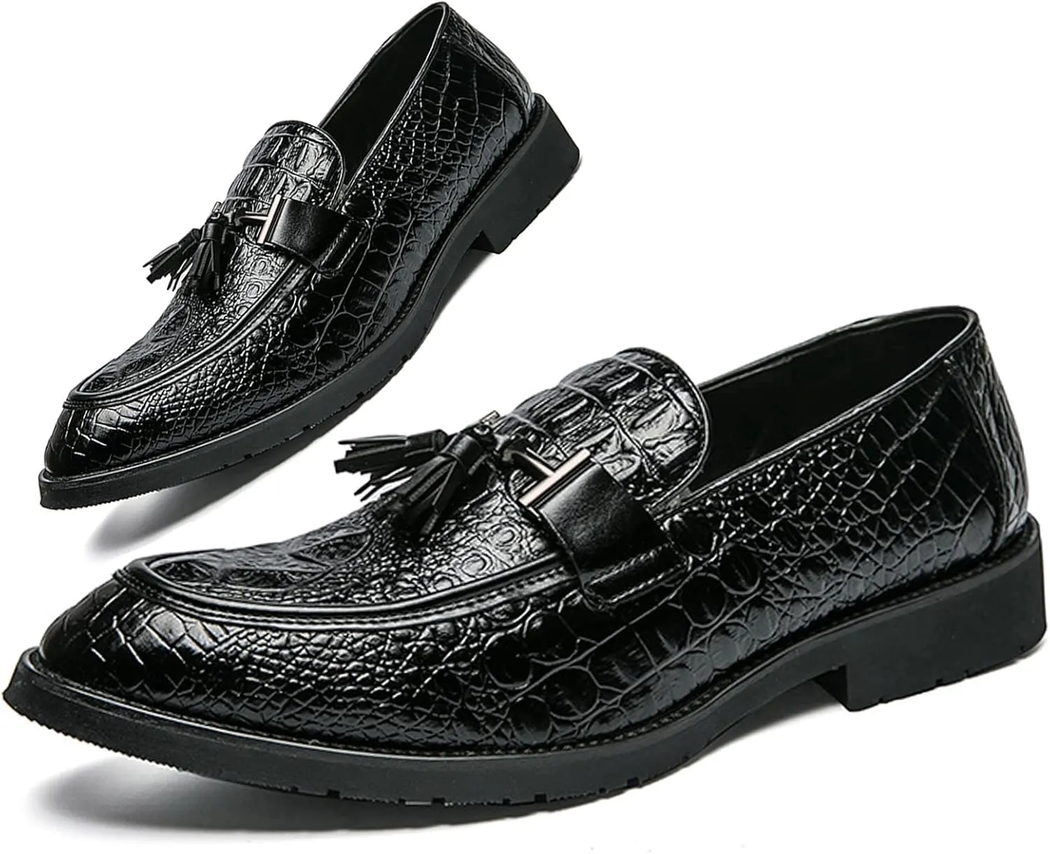 Men's Business Dress Crocodile Printed Slip on Loafers Retro Tassel Pointed Toe Business Fashion Luxury Leather Oxford Shoes (Black,11,Men,11)