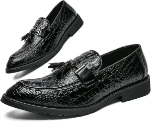 Men's Business Dress Crocodile Printed Slip on Loafers Retro Tassel Pointed Toe Business Fashion Luxury Leather Oxford Shoes (Black,11,Men,11)