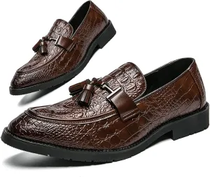 Men's Business Dress Crocodile Printed Slip on Loafers Retro Tassel Pointed Toe Business Fashion Luxury Leather Oxford Shoes (Brown,11,Men,11)