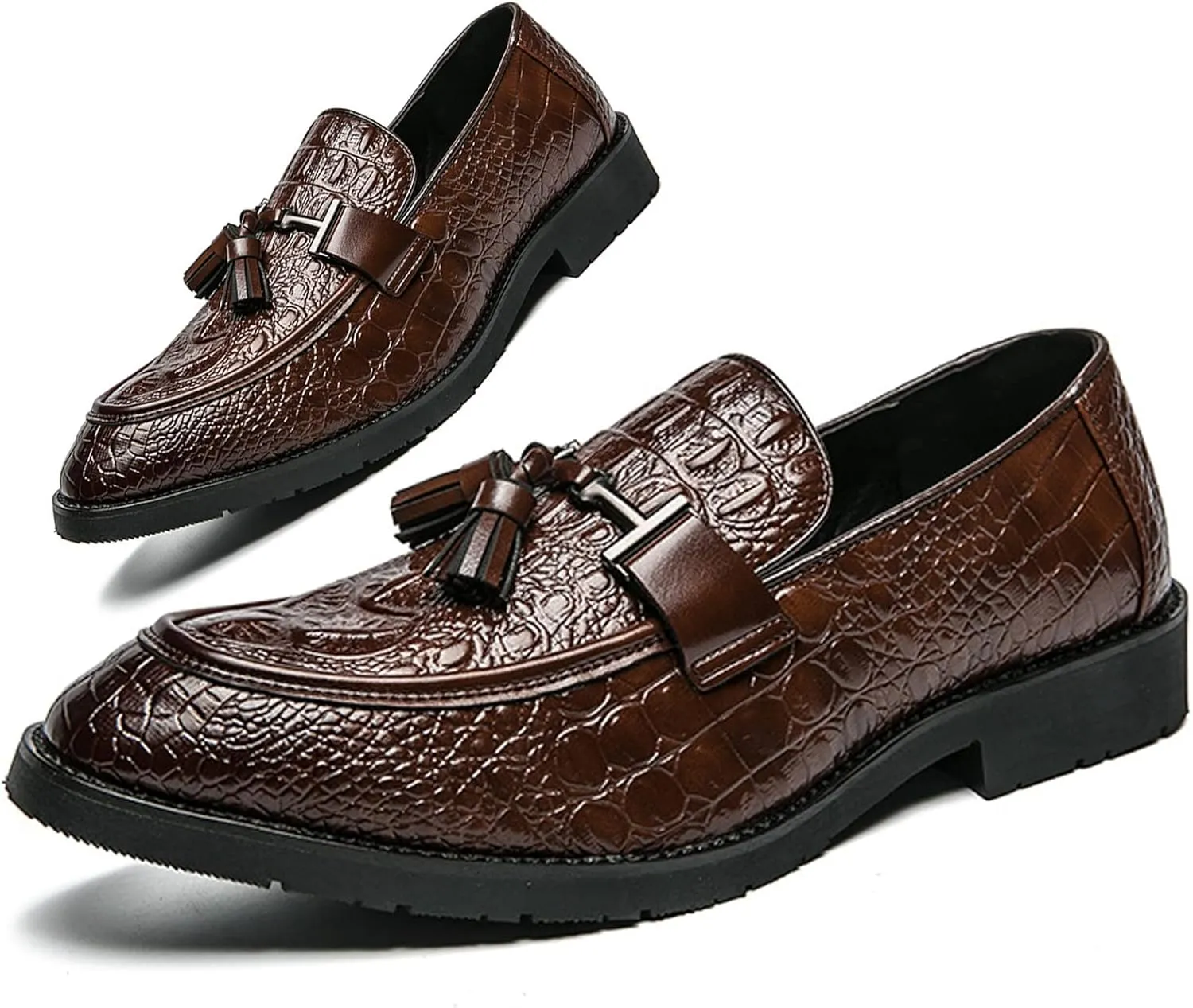 Men's Business Dress Crocodile Printed Slip on Loafers Retro Tassel Pointed Toe Business Fashion Luxury Leather Oxford Shoes (Brown,11,Men,11)