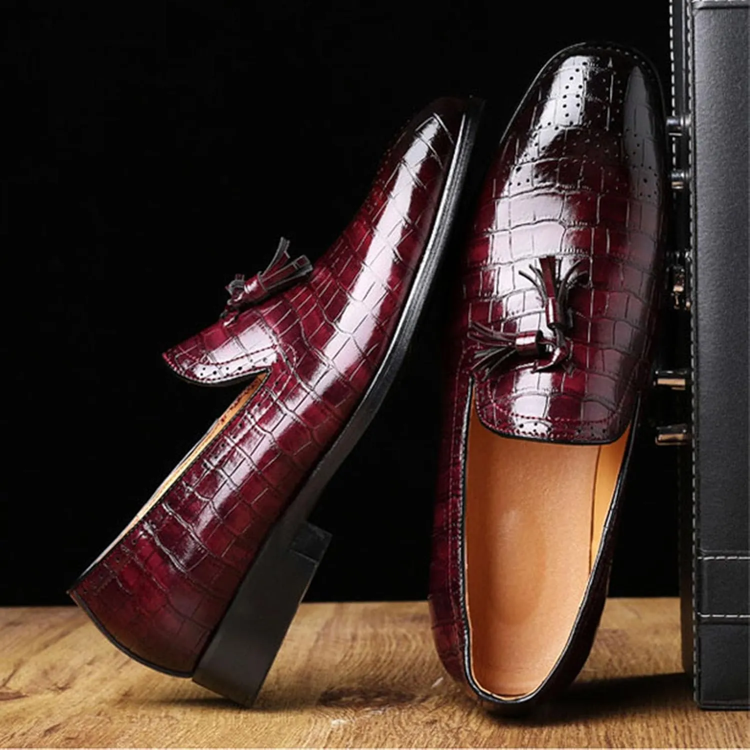 Mens Casual Classic Crocodile Texture Loafer with Tassel Penny Slip-On Wedding Party Prom Shoes