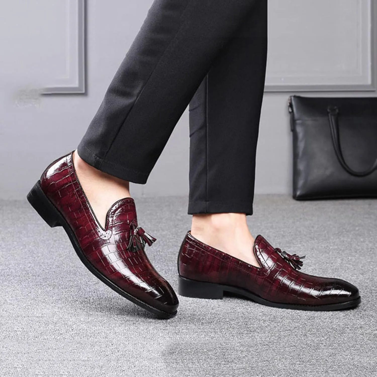 Mens Casual Classic Crocodile Texture Loafer with Tassel Penny Slip-On Wedding Party Prom Shoes