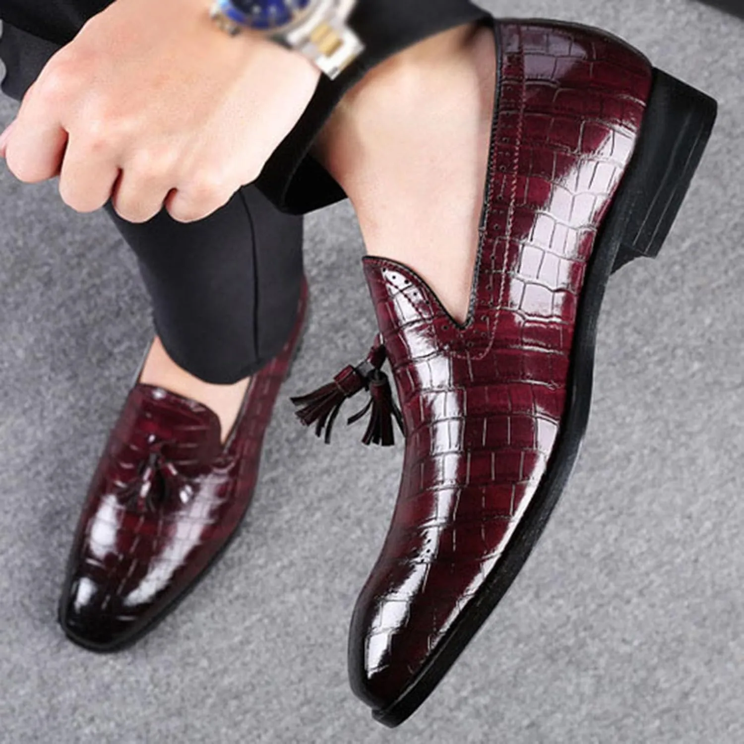 Mens Casual Classic Crocodile Texture Loafer with Tassel Penny Slip-On Wedding Party Prom Shoes