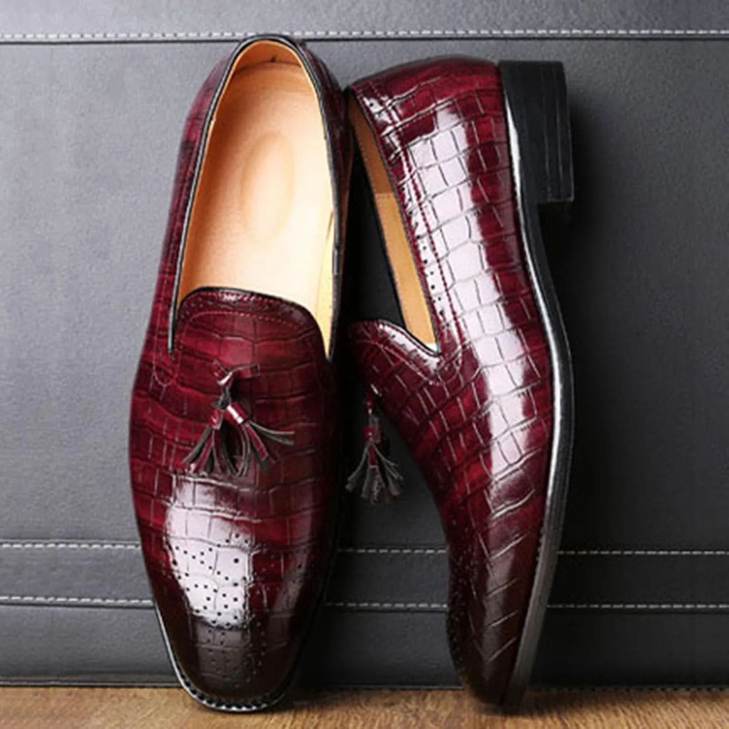 Mens Casual Classic Crocodile Texture Loafer with Tassel Penny Slip-On Wedding Party Prom Shoes