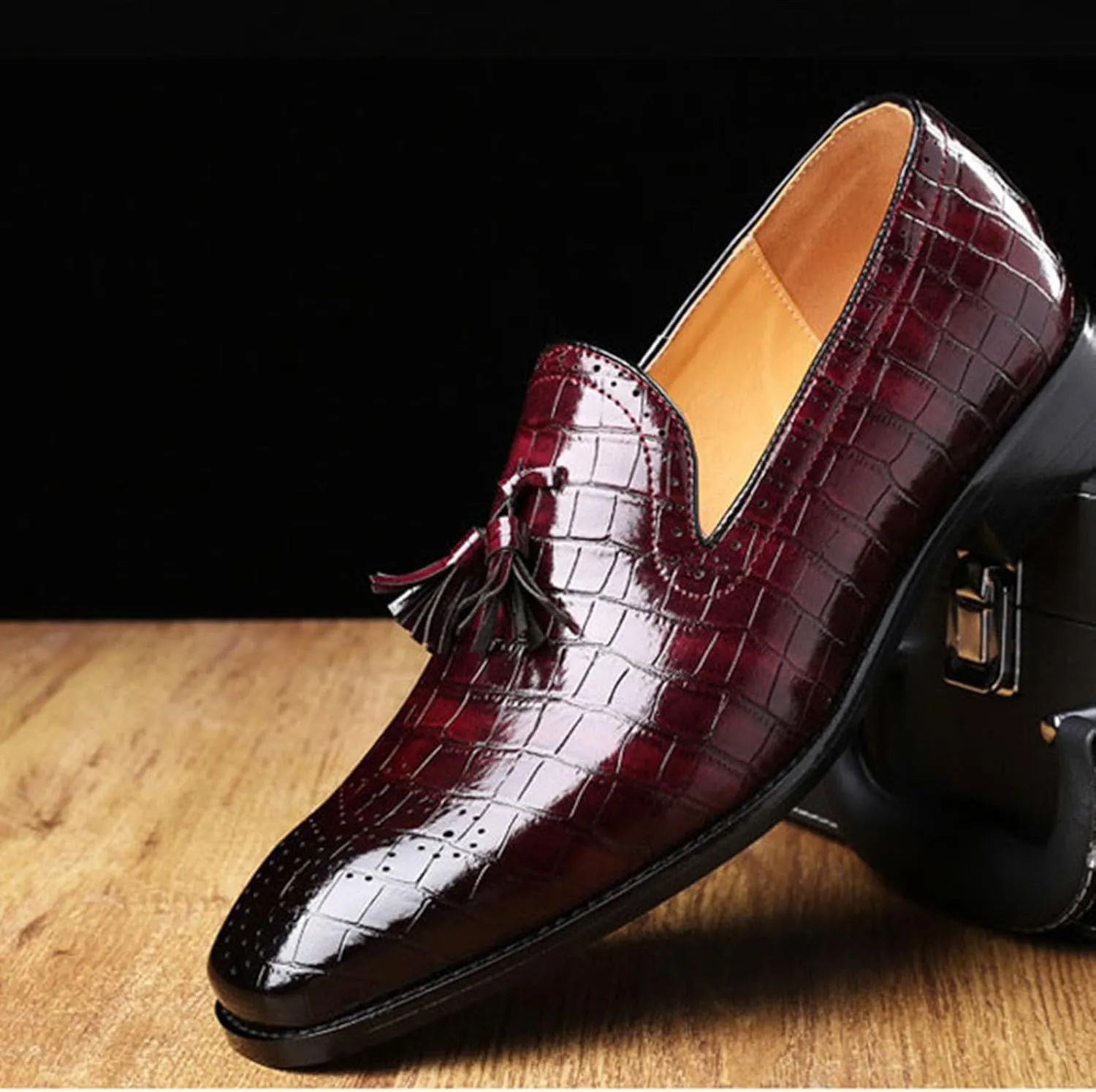 Mens Casual Classic Crocodile Texture Loafer with Tassel Penny Slip-On Wedding Party Prom Shoes