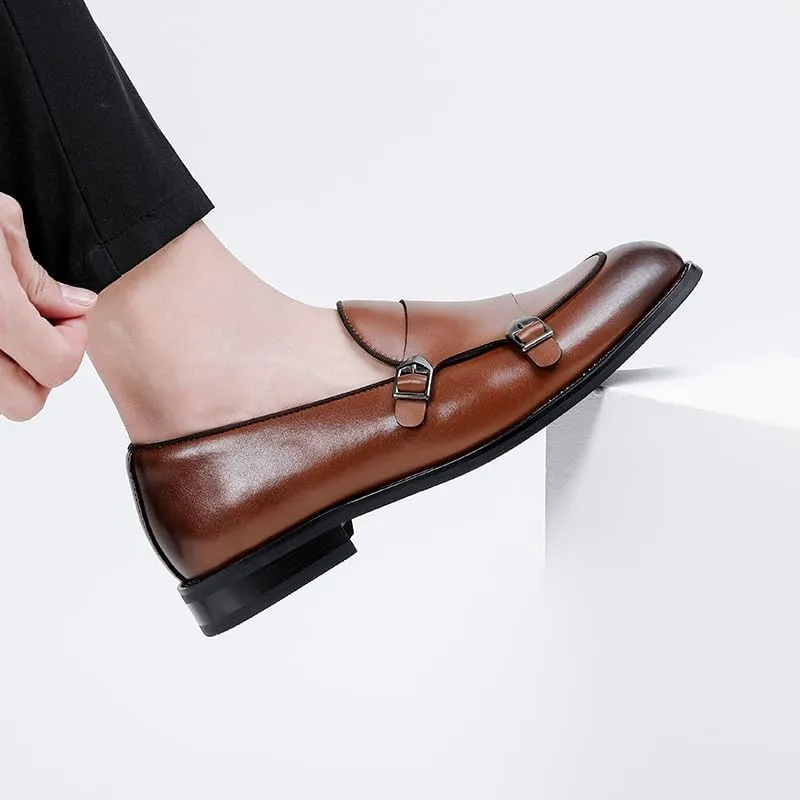 Men's Double Monk Strap Dress Shoes Classic Round Toe Oxford Slip-On with Buckle Business Casual Formal Footwear