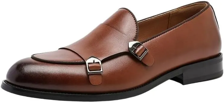 Men's Double Monk Strap Dress Shoes Classic Round Toe Oxford Slip-On with Buckle Business Casual Formal Footwear