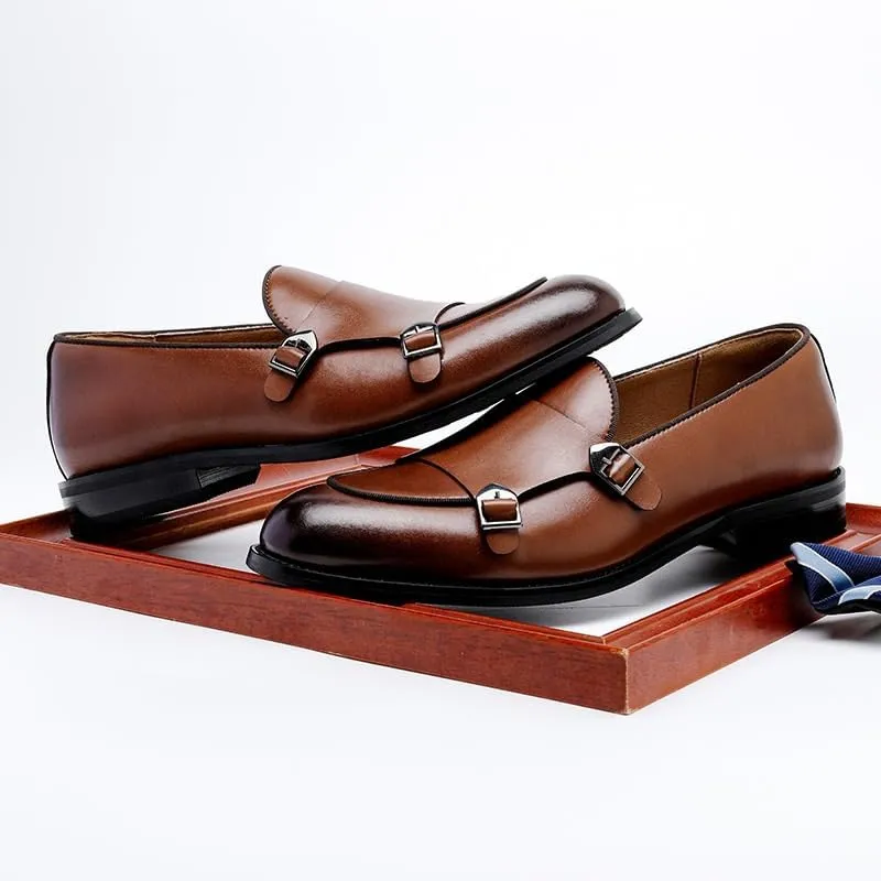 Men's Double Monk Strap Dress Shoes Classic Round Toe Oxford Slip-On with Buckle Business Casual Formal Footwear