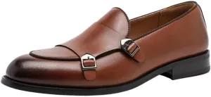 Men's Double Monk Strap Dress Shoes Classic Round Toe Oxford Slip-On with Buckle Business Casual Formal Footwear