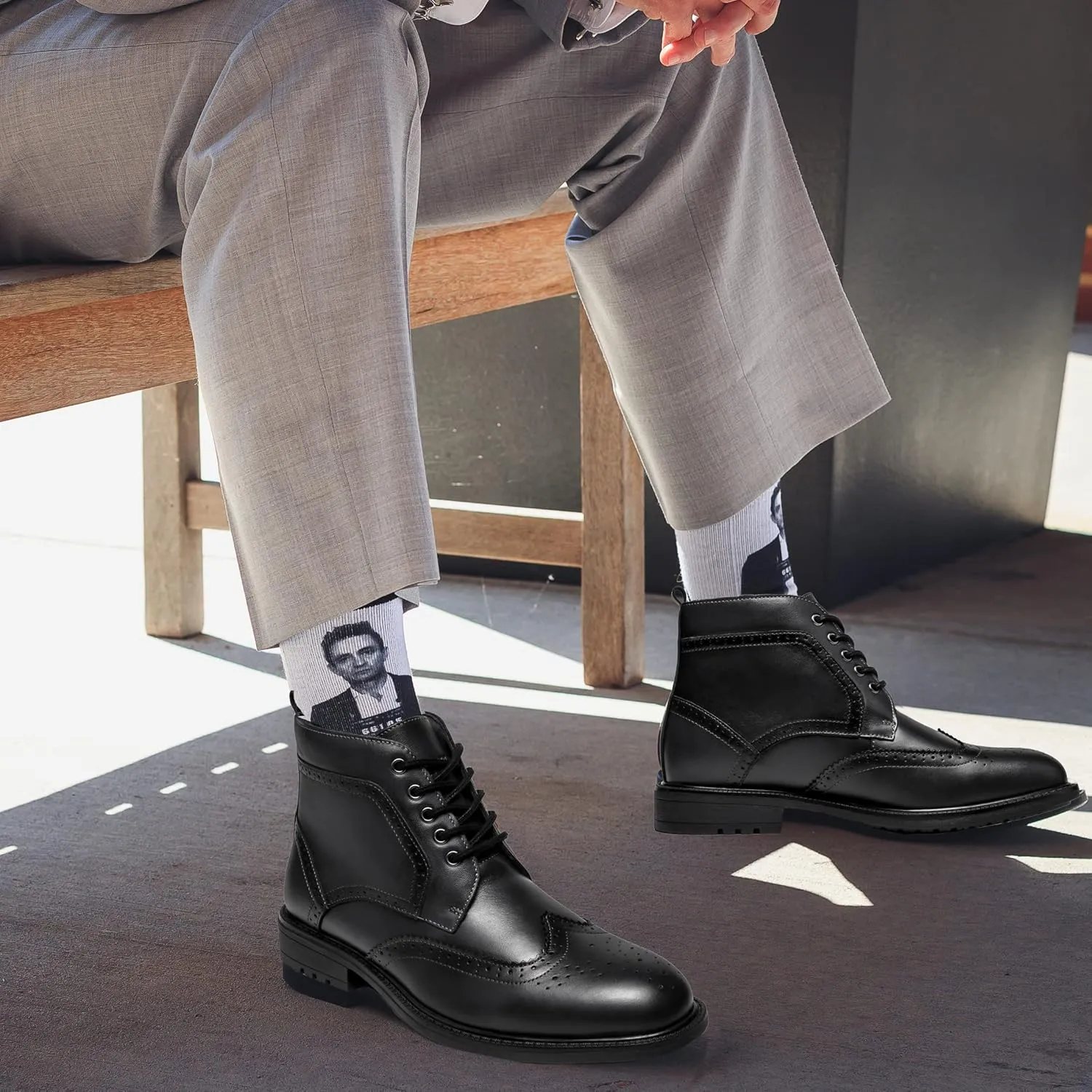 Mens Fashion Dress Boots - Black Genuine Leather Classic Brogue Style Oxford Ankle Boots