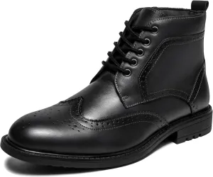 Mens Fashion Dress Boots - Black Genuine Leather Classic Brogue Style Oxford Ankle Boots