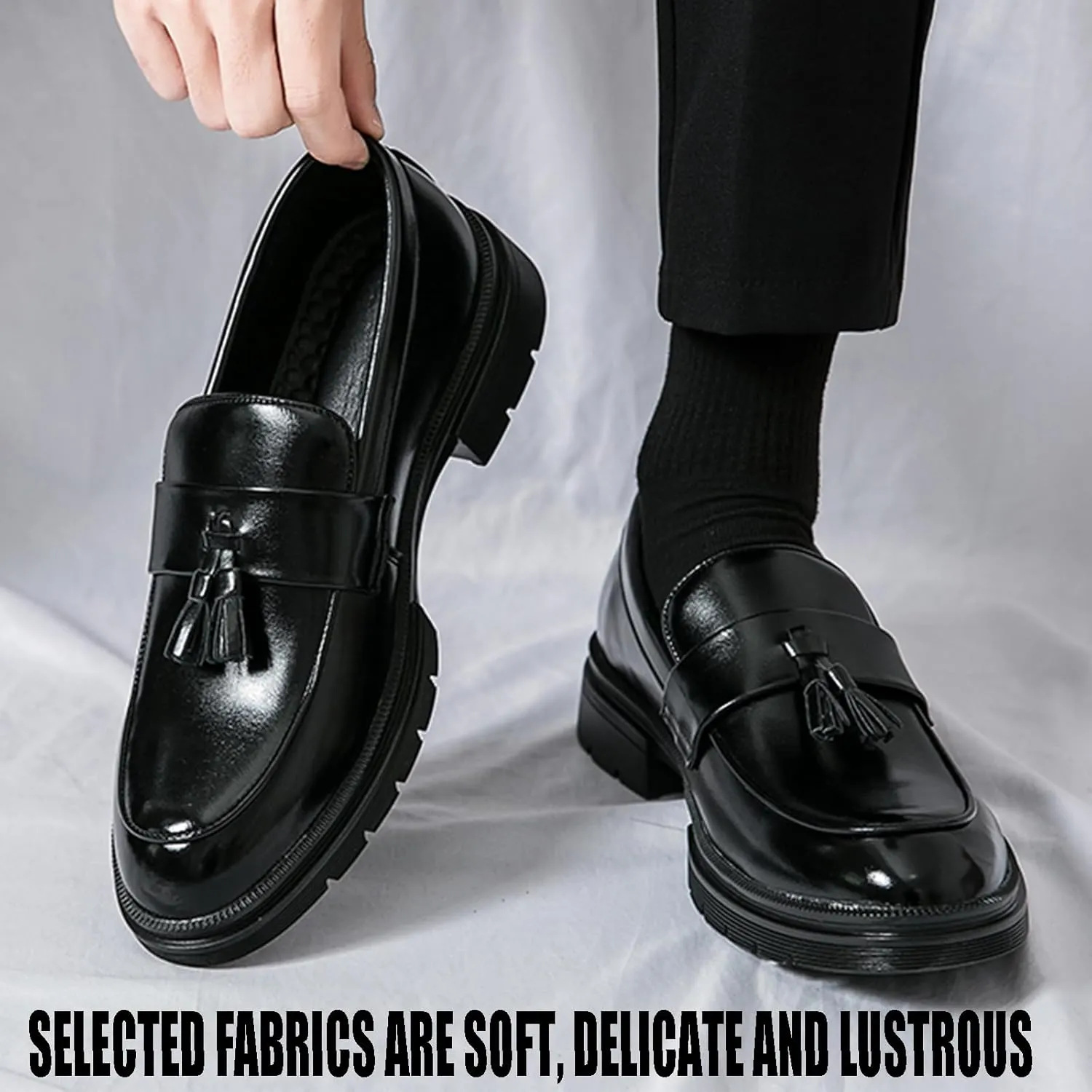 Men's Fashion Tassel Platform Loafers Comfortable Wide Round Toe Slip on Lug Sole Low Block Heel Business Dress Shoes Non-Slip Work Office Casual Shoes