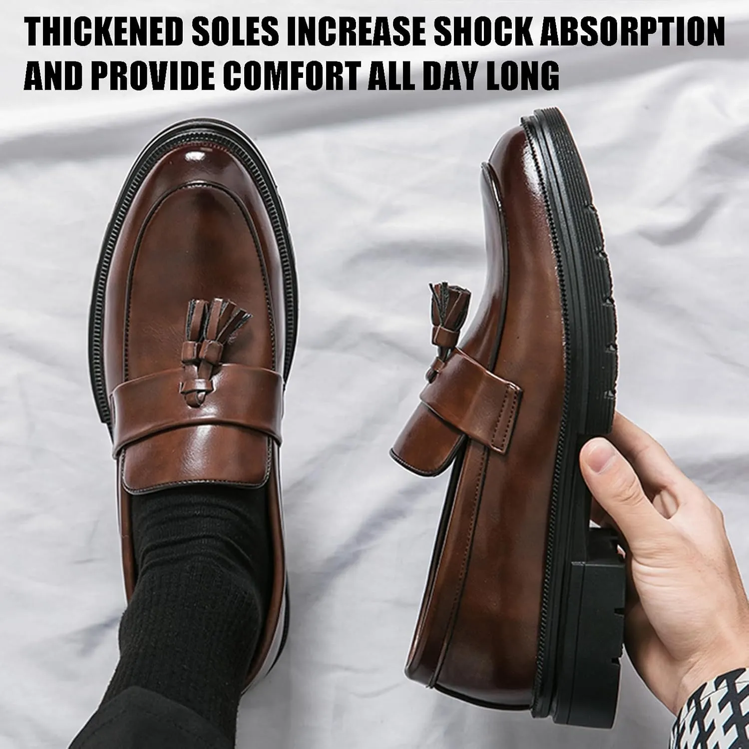 Men's Fashion Tassel Platform Loafers Comfortable Wide Round Toe Slip on Lug Sole Low Block Heel Business Dress Shoes Non-Slip Work Office Casual Shoes