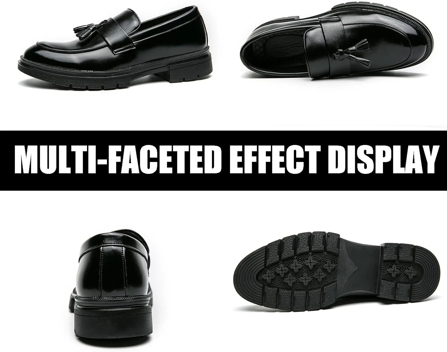 Men's Fashion Tassel Platform Loafers Comfortable Wide Round Toe Slip on Lug Sole Low Block Heel Business Dress Shoes Non-Slip Work Office Casual Shoes