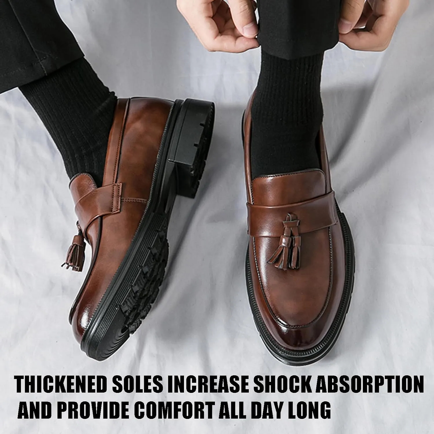 Men's Fashion Tassel Platform Loafers Comfortable Wide Round Toe Slip on Lug Sole Low Block Heel Business Dress Shoes Non-Slip Work Office Casual Shoes