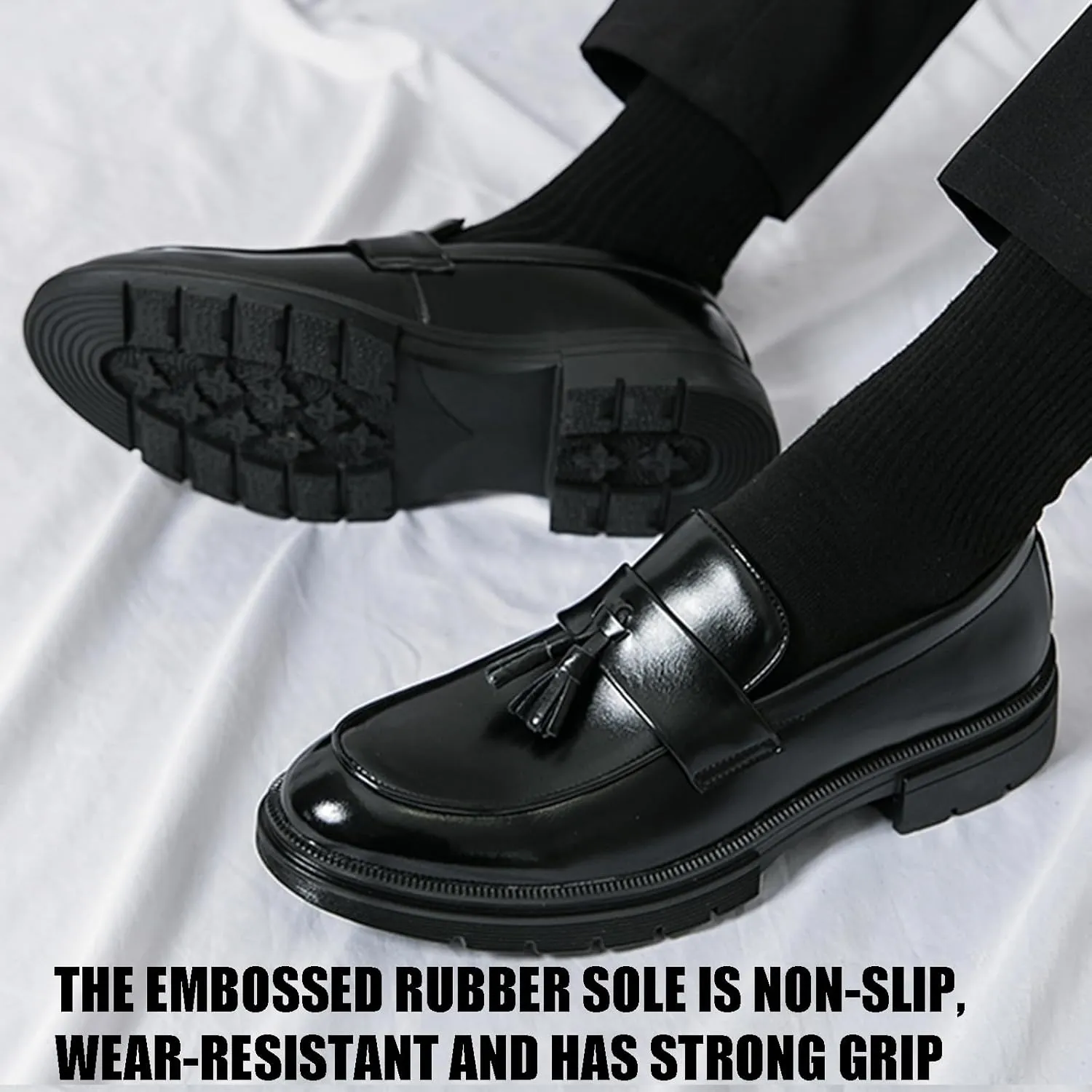 Men's Fashion Tassel Platform Loafers Comfortable Wide Round Toe Slip on Lug Sole Low Block Heel Business Dress Shoes Non-Slip Work Office Casual Shoes
