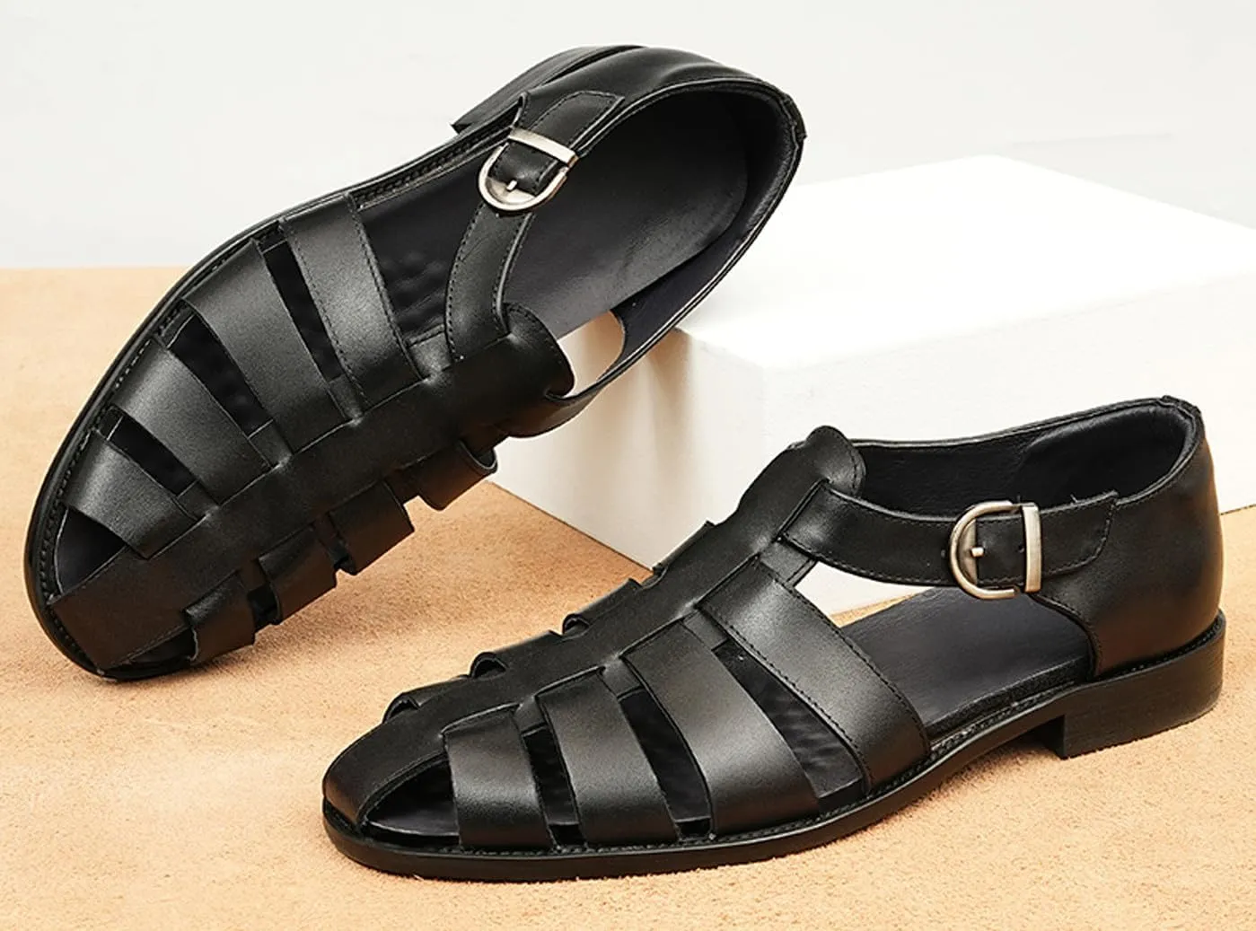 Men’s Genuine Leather Sandals | Braided Cowhide Closed-Toe Dress Shoes | Retro Casual & Business Clogs for Men