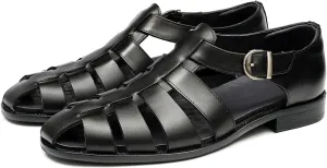 Men’s Genuine Leather Sandals | Braided Cowhide Closed-Toe Dress Shoes | Retro Casual & Business Clogs for Men