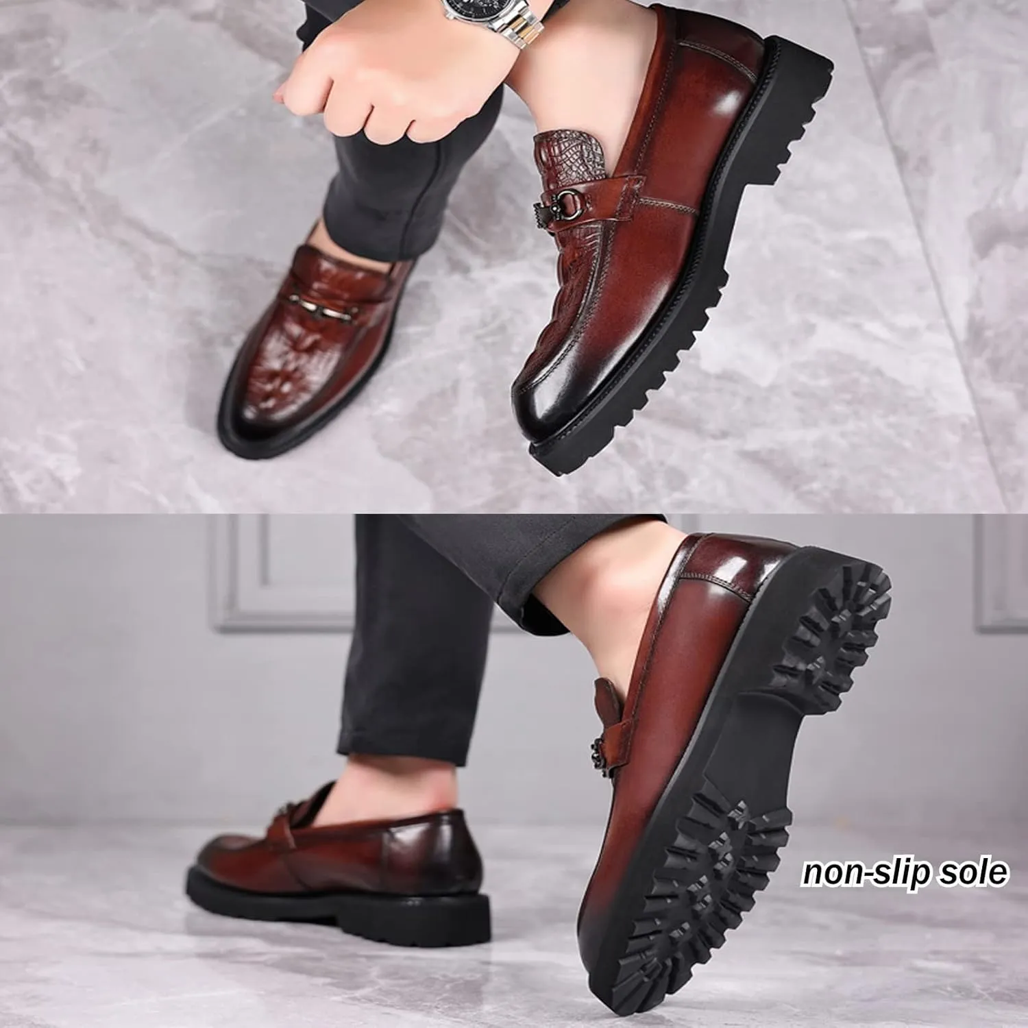 Men's Leather Print Business Oxfords,Smart Casual Formal Office Derby Shoes,Slip-On Wedding Suit Shoes