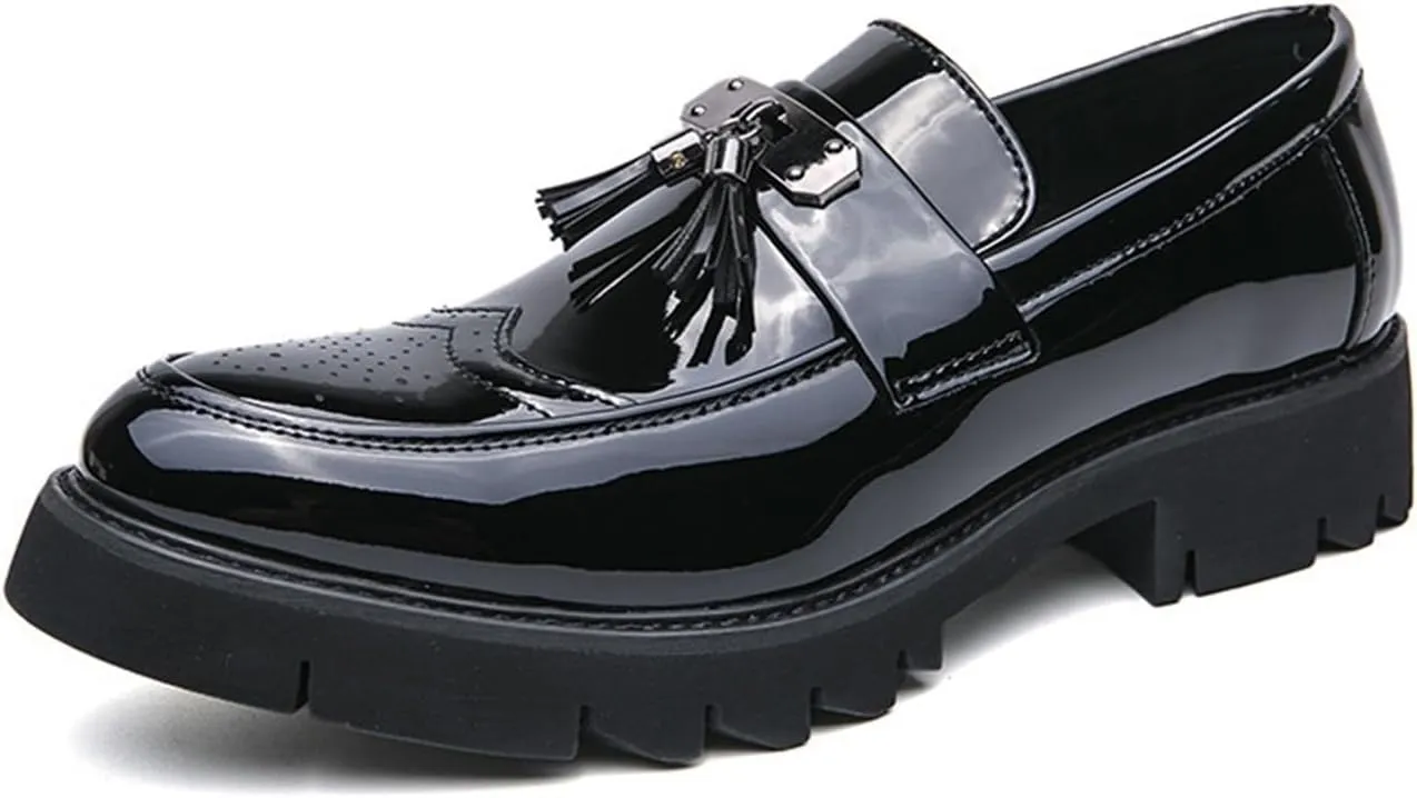 Men's Patent Leather Brogue Slip-On Platform Loafer Shoes with Tassel Fashion Round Toe Low Top Lug Sole Non-Slip Business Dress Shoes