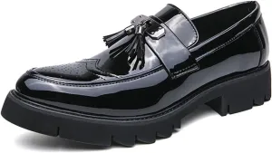 Men's Patent Leather Brogue Slip-On Platform Loafer Shoes with Tassel Fashion Round Toe Low Top Lug Sole Non-Slip Business Dress Shoes