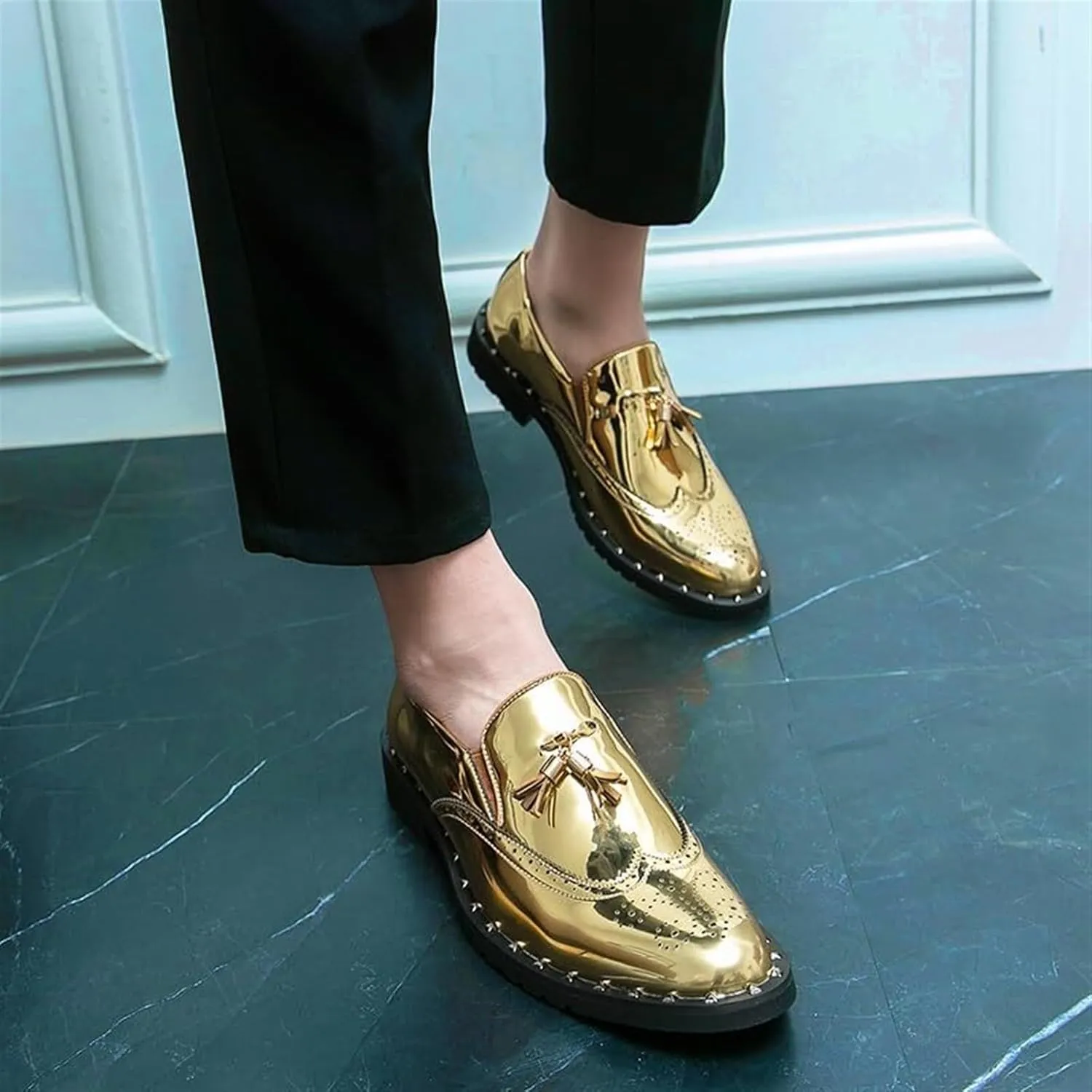 Men's Penny Loafers Tassel Wingtip Slip On Loafers Patent Leather Casual Chunky Heel Dress Shoes for Party Wedding Prom