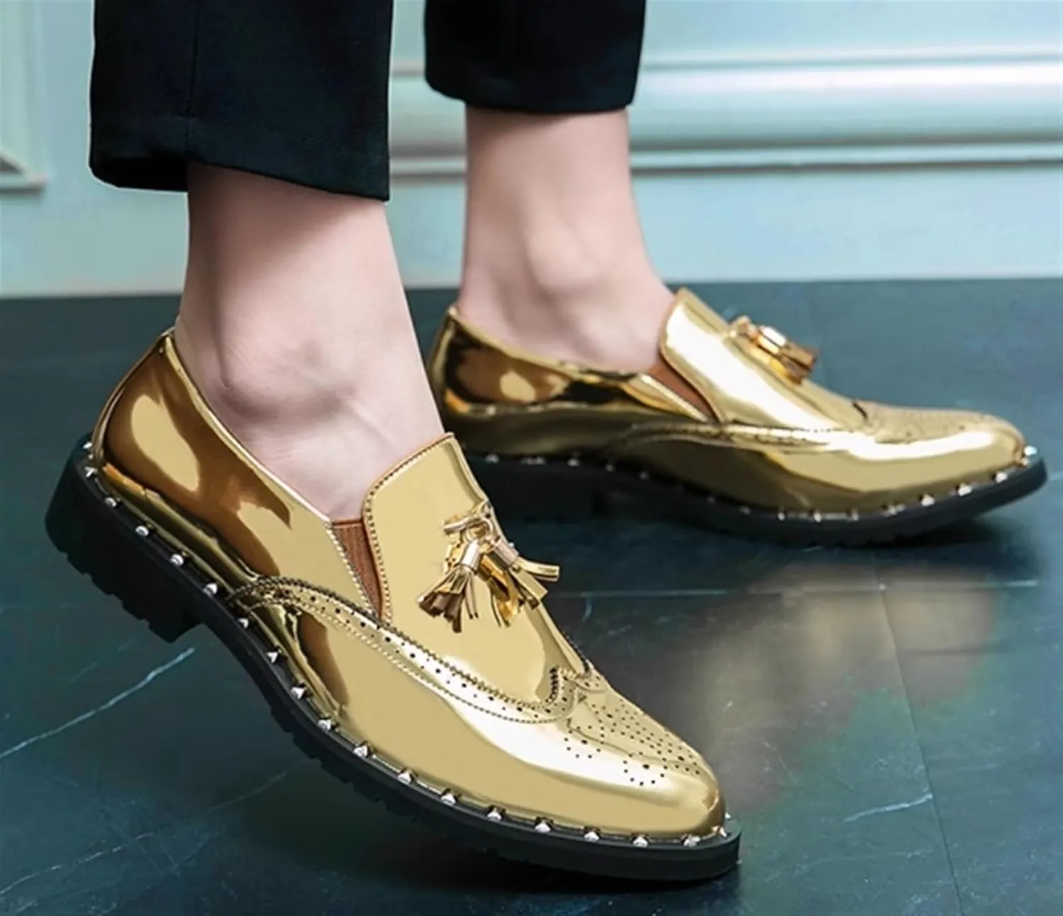 Men's Penny Loafers Tassel Wingtip Slip On Loafers Patent Leather Casual Chunky Heel Dress Shoes for Party Wedding Prom