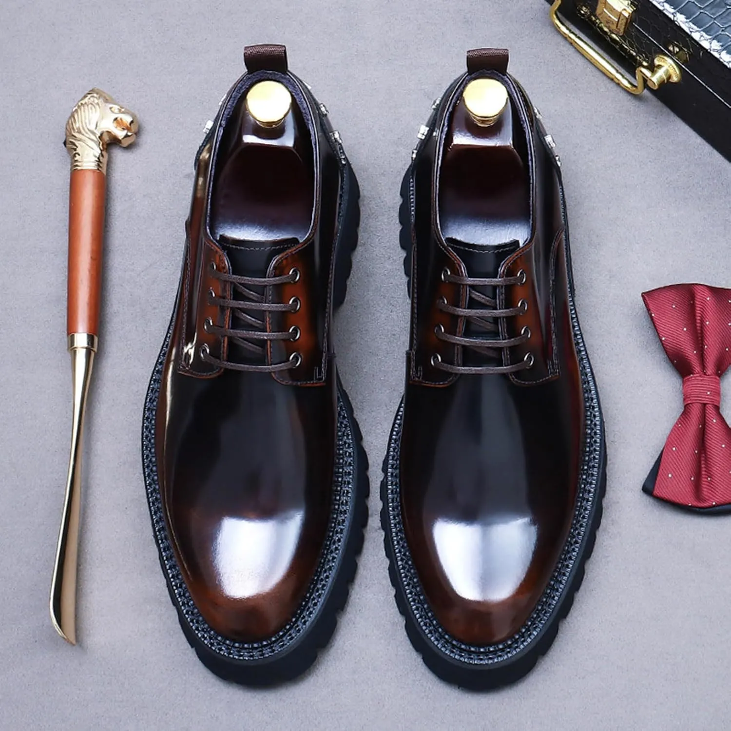 Mens Rivets Leather Shoes, Round-Toe Lace Up Derby Shoe, Fashion Heighten Work Shoe for Formal Wedding