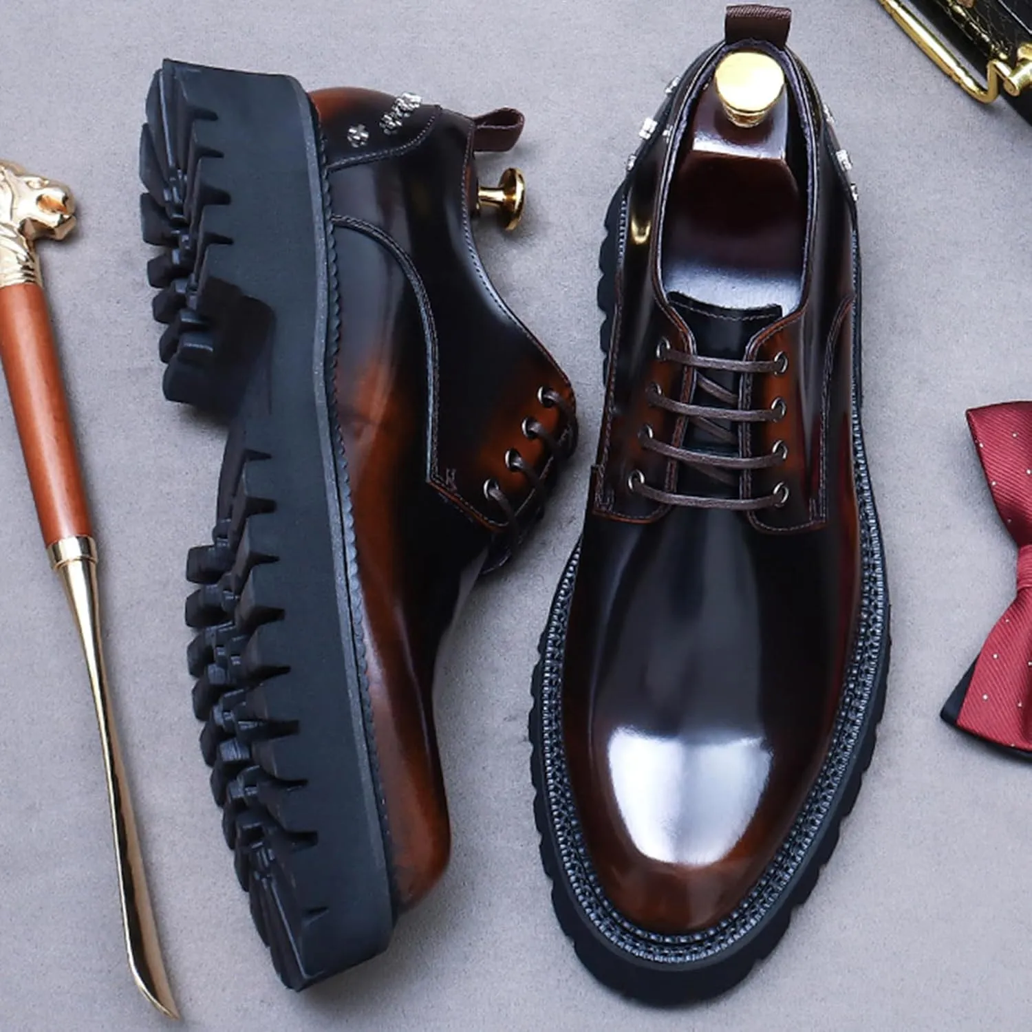 Mens Rivets Leather Shoes, Round-Toe Lace Up Derby Shoe, Fashion Heighten Work Shoe for Formal Wedding