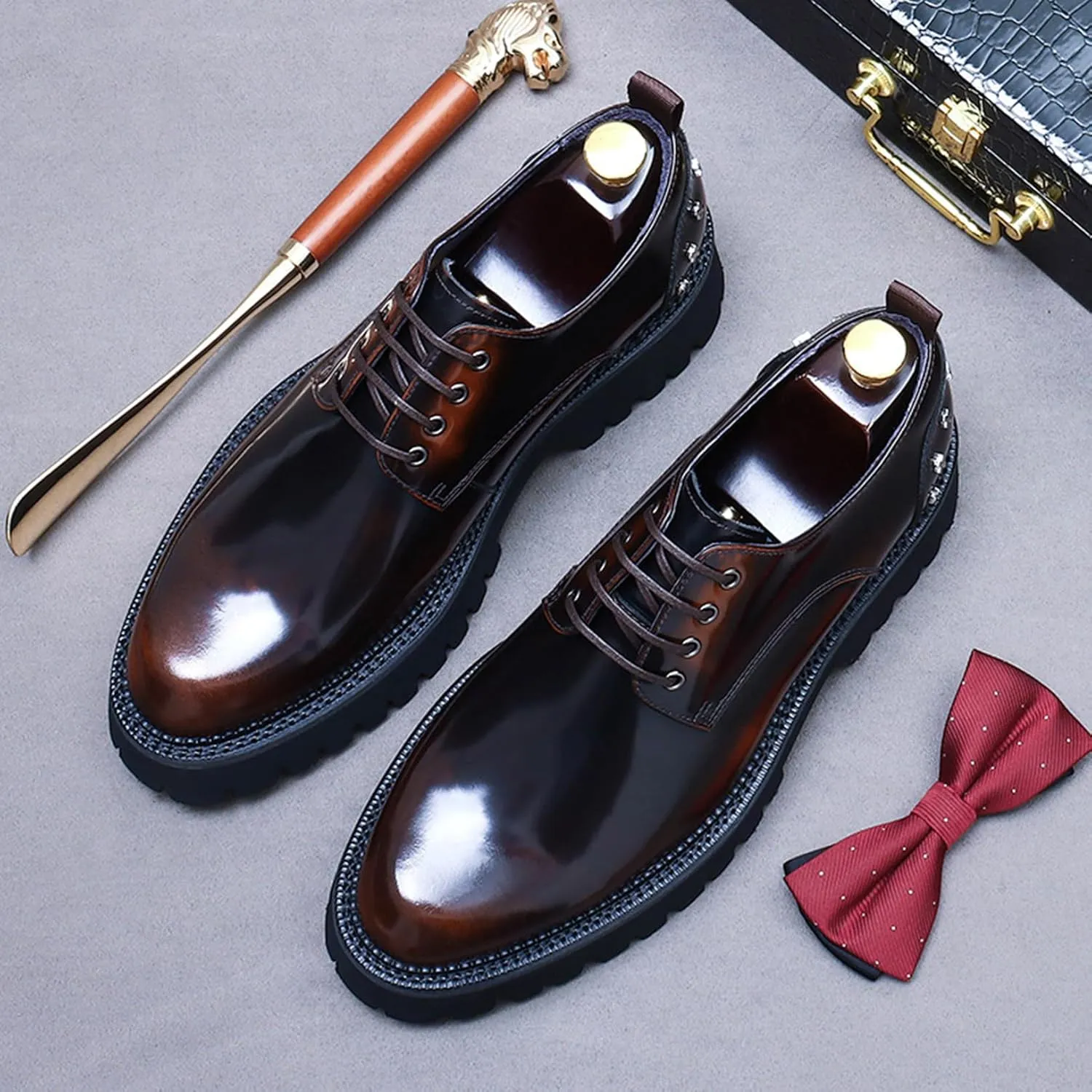 Mens Rivets Leather Shoes, Round-Toe Lace Up Derby Shoe, Fashion Heighten Work Shoe for Formal Wedding