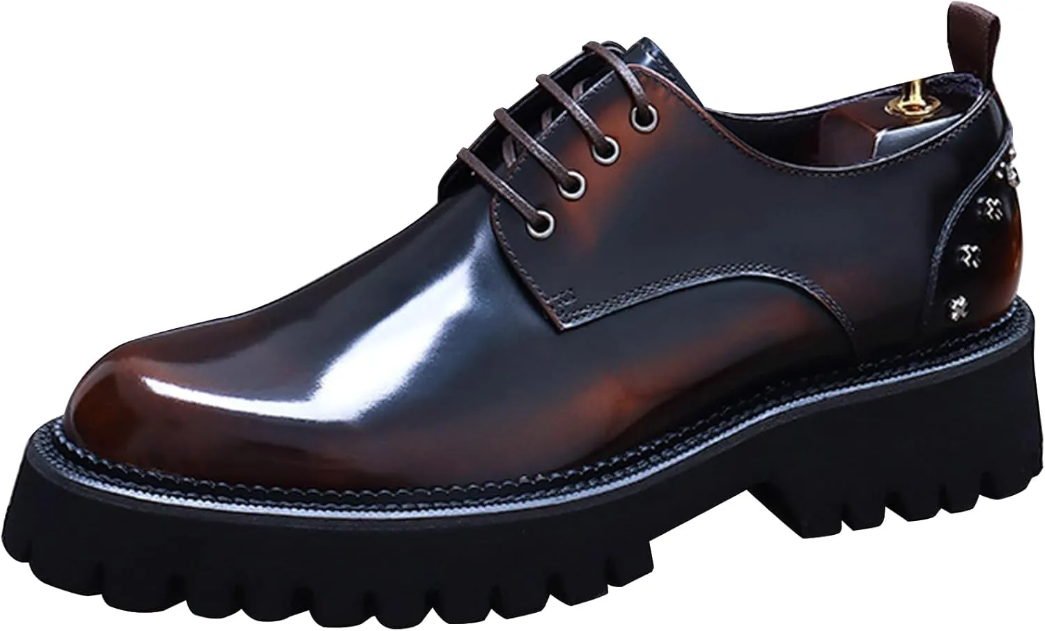 Mens Rivets Leather Shoes, Round-Toe Lace Up Derby Shoe, Fashion Heighten Work Shoe for Formal Wedding
